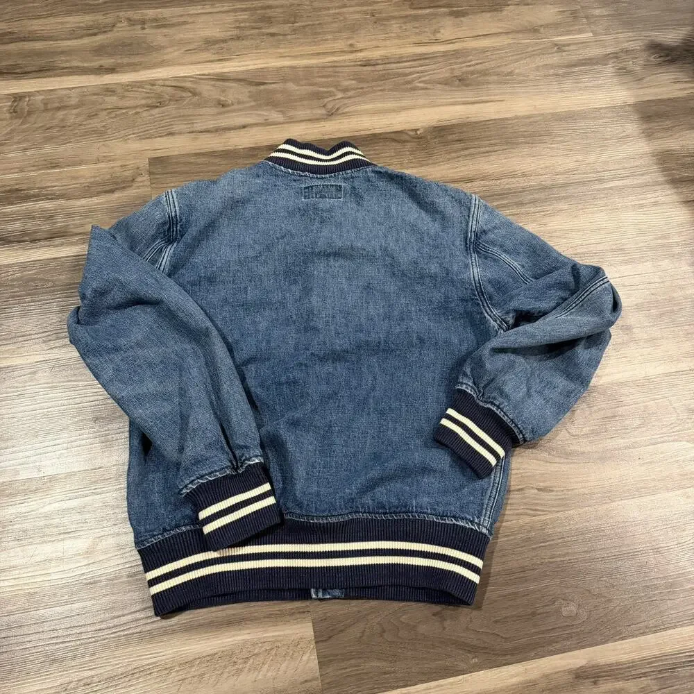 Polo Ralph Lauren Denim Varsity Jacket Mens small Logo Spellout Blue Cream Trim
